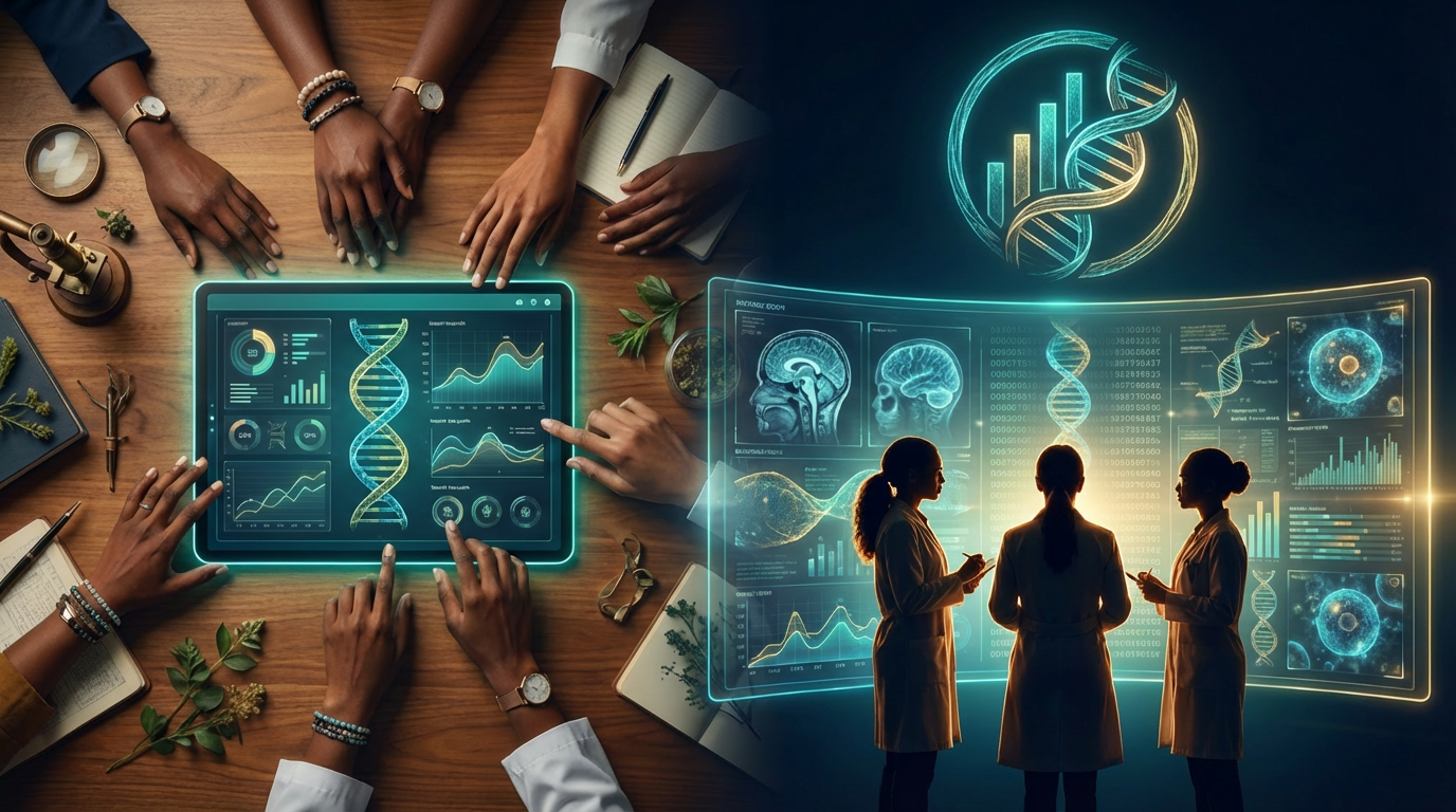 Diverse women researchers collaborating around data visualizations